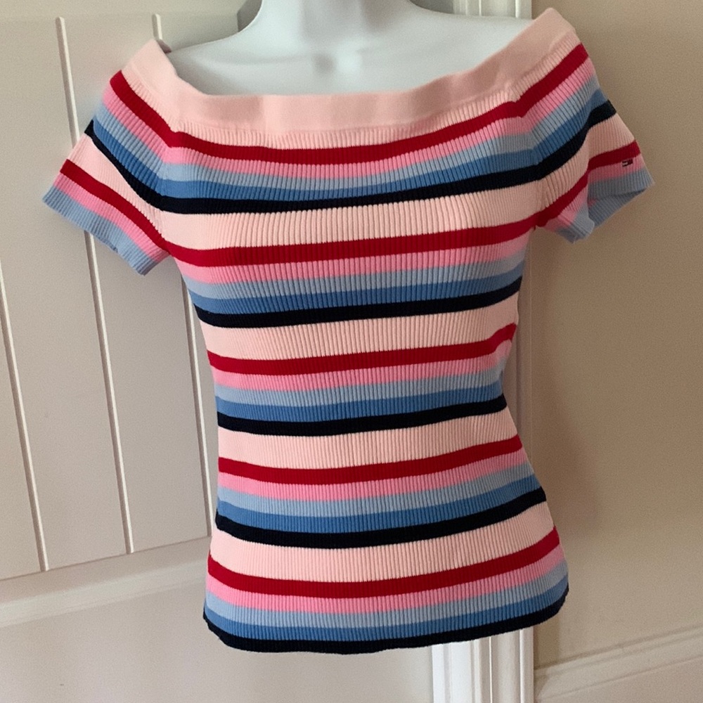 TOMMY HILFIGER DENIM Women's StripeKnit Off-the-shoulder Casual Shirt Top Medium